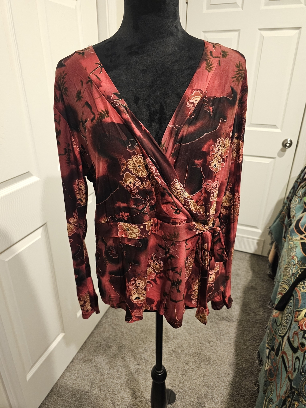 Floral Wine-Red Wrap Blouse with Self Tie